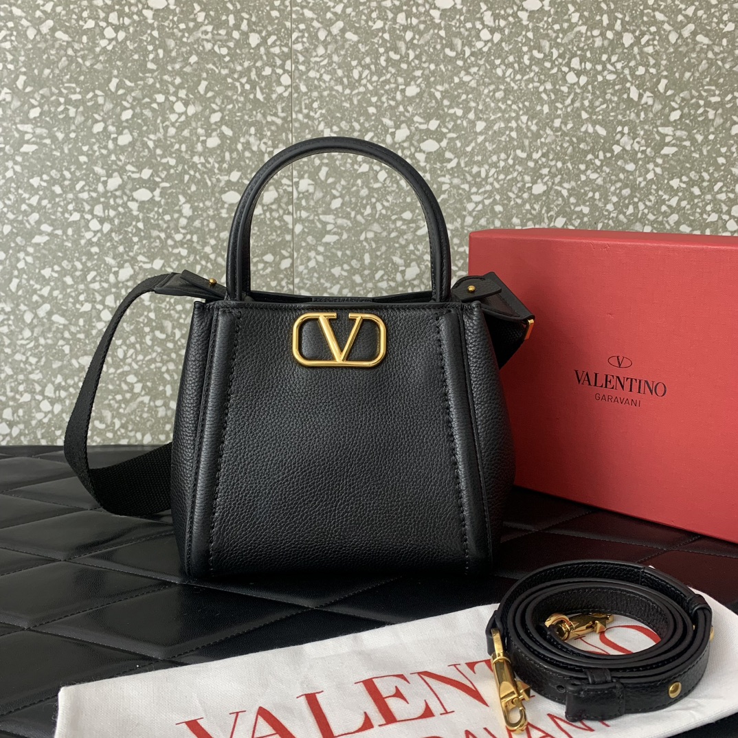 Valentino Garavani Alltime Small Handbag in Black Grainy Calfskin